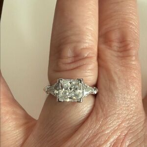 QVC Sterling Silver Three-Stone Princess Cut Diamonique Ring - White